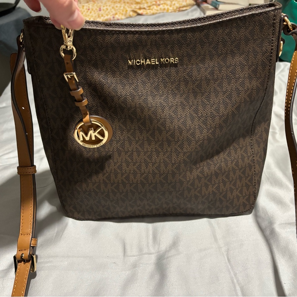 Michael Kors Brown Logo Monogram Crossbody with Gold Hardware